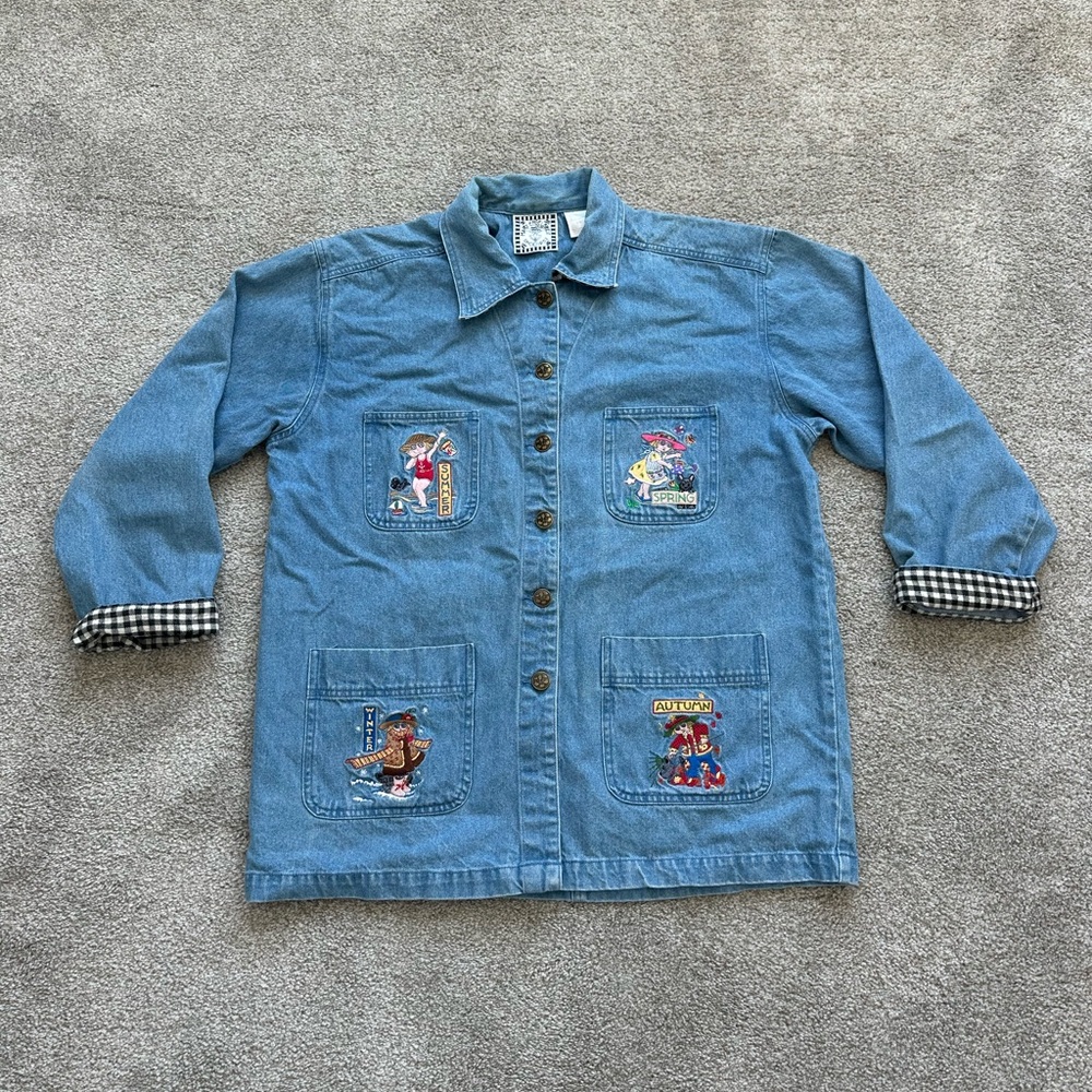 Mary Engelbreit Embroidered Denim Jacket Four Seasons Design vintage XL